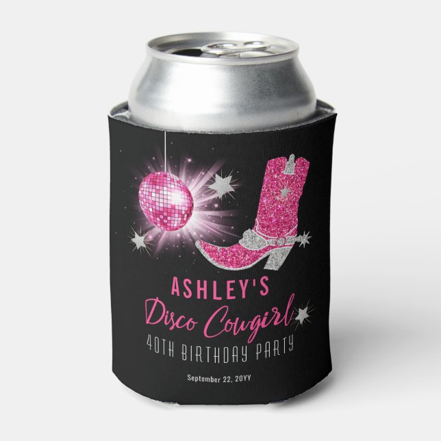 Glitter Pink Disco Cowgirl 40th Birthday Party Can Cooler (Can Front)