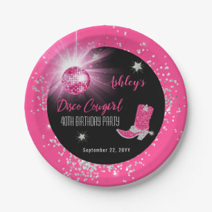 Glitter Pink Disco Cowgirl 40th Birthday Party Paper Plate