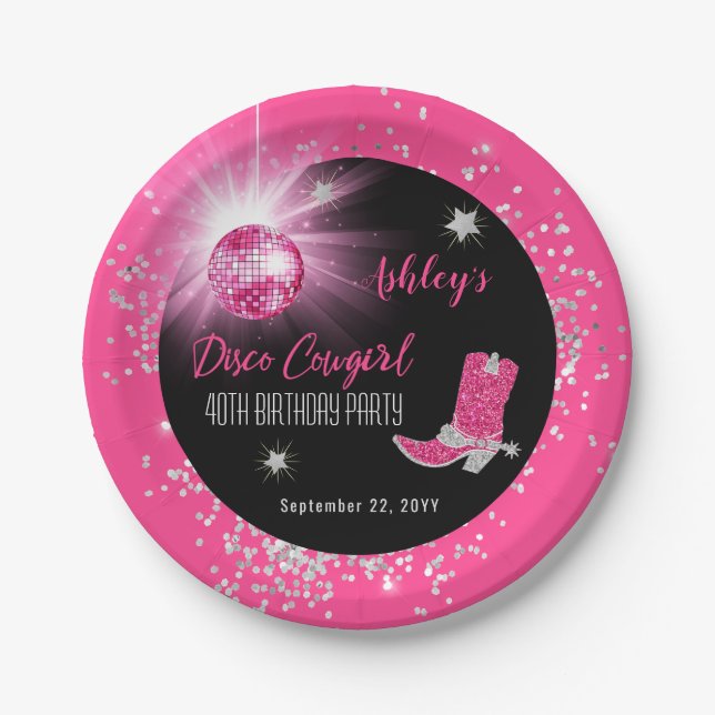 Glitter Pink Disco Cowgirl 40th Birthday Party Paper Plate (Front)
