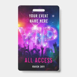 Glitter pink disco VIP concert all access event ID Badge