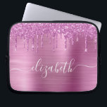 Glitter Pink Drips Monogrammed Laptop Sleeve<br><div class="desc">Monogrammed chic and girly laptop sleeve featuring pink faux glitter drips and a pink brushed background. Personalise with your name in a stylish trendy white script with swashes.</div>