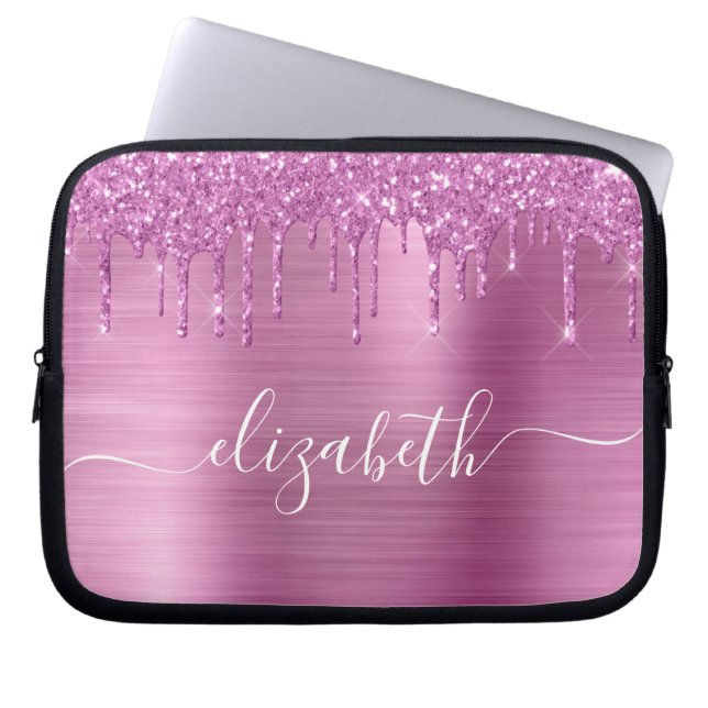 Glitter Pink Drips Monogrammed Laptop Sleeve (Front)