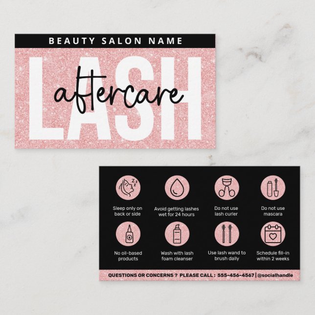 Glitter Pink  Eyelash Extensions Lash Aftercare Business Card (Front/Back)