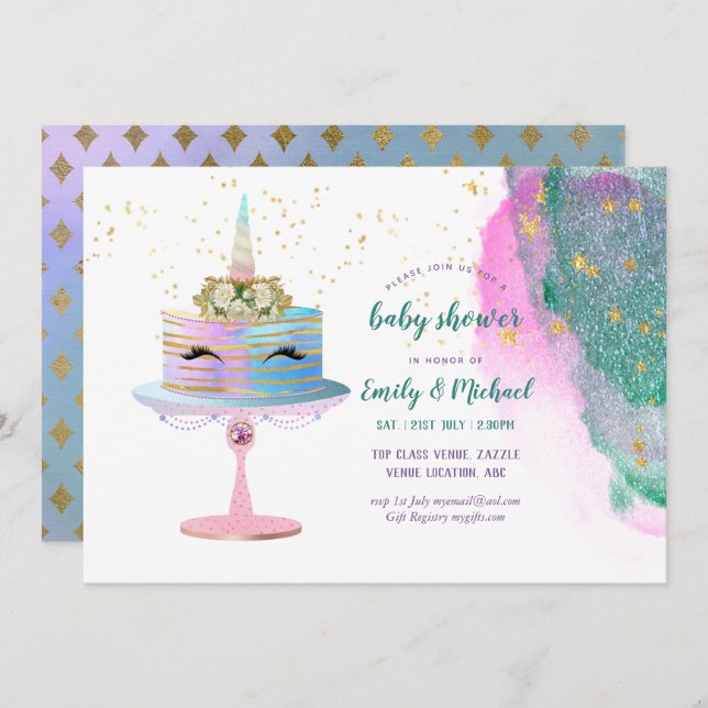 Glitter Pink Gold Unicorn Cake BABY SHOWER Girl Invitation (Front/Back)