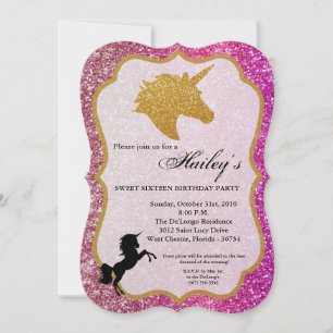 Glitter Pink Gold Unicorn Sweet 16 Birthday Invite
