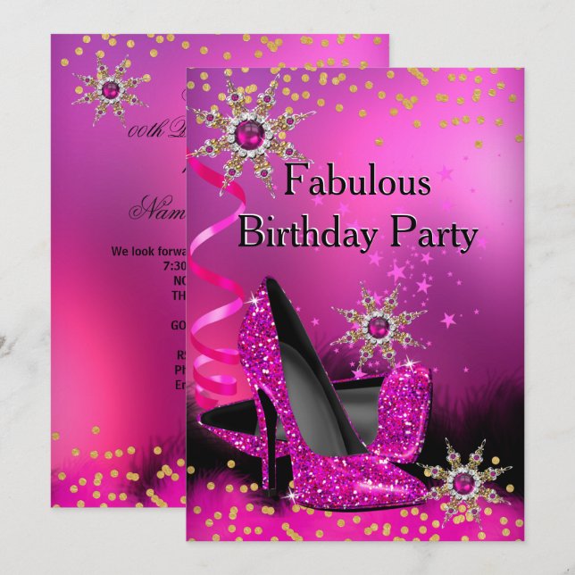 Glitter Pink Heels Birthday Party Gold Black Pearl Invitation (Front/Back)