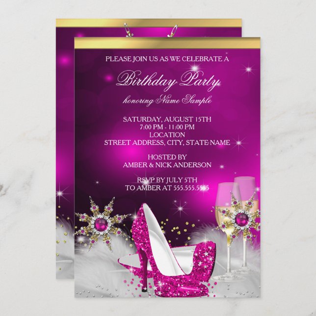 Glitter Pink High Heel Shoes Silver Gold Champagne Invitation (Front/Back)