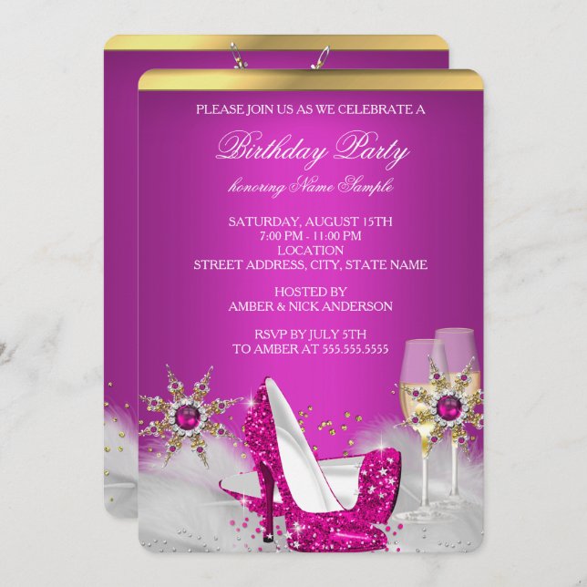 Glitter Pink High Heel Silver Gold Champagne 2 Invitation (Front/Back)