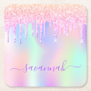 Glitter pink iridescent rose gold rainbow birthday square paper coaster