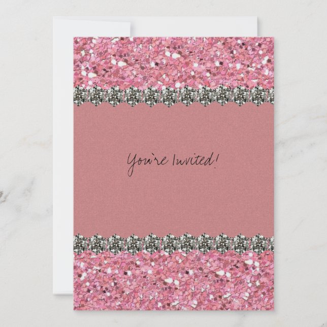Glitter Pink on Pink Rose Rhinestones Party Invitation (Front)