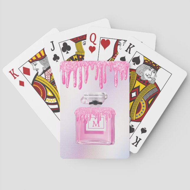Glitter Pink Paint Drip Perfume Monogram Playing Cards (Back)