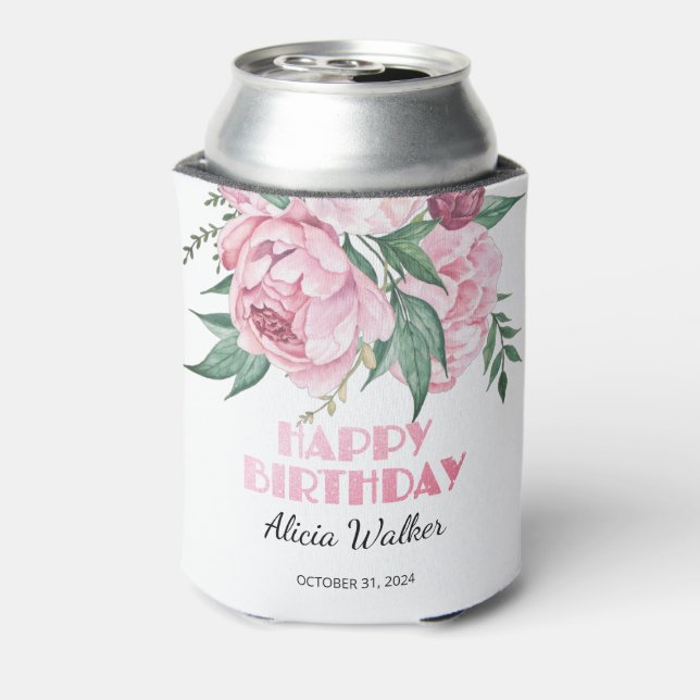 Glitter Pink Peony Floral Greenery Birthday Can Cooler (Can Back)