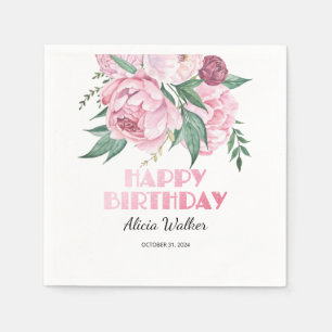 Glitter Pink Peony Floral Greenery Birthday Napkin