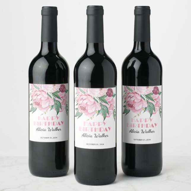 Glitter Pink Peony Floral Greenery Birthday Wine Label (Bottles)