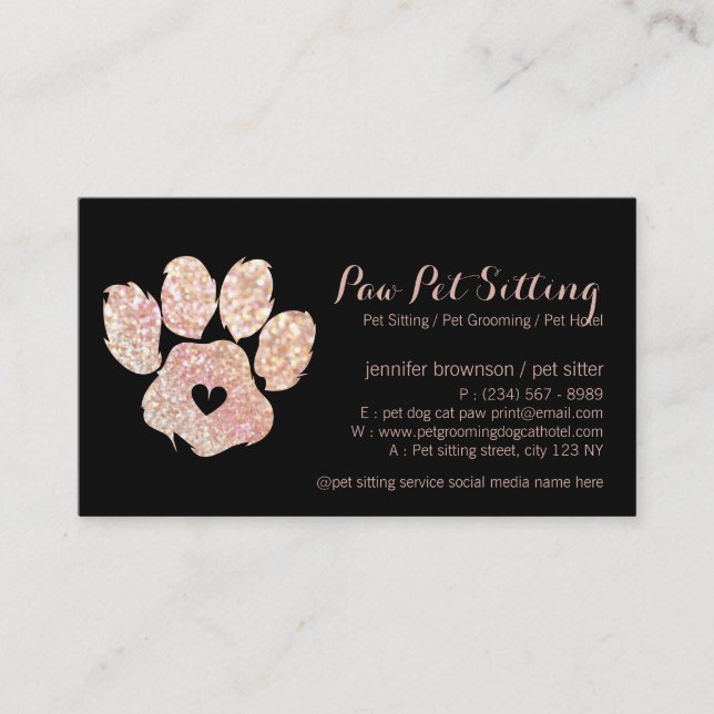 Glitter Pink Pet Sitter Grooming Paw Business Card (Front)