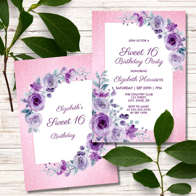 Glitter Pink Purple Roses Floral 16th Birthday  Invitation (Creator Uploaded)