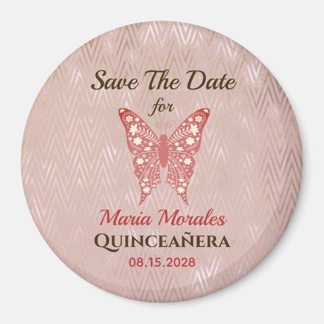 Glitter Pink Quinceanera Save The Date Magnet (Front)