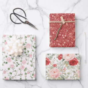 Glitter Pink Red Roses Floral Bridal Shower Wrapping Paper Sheet