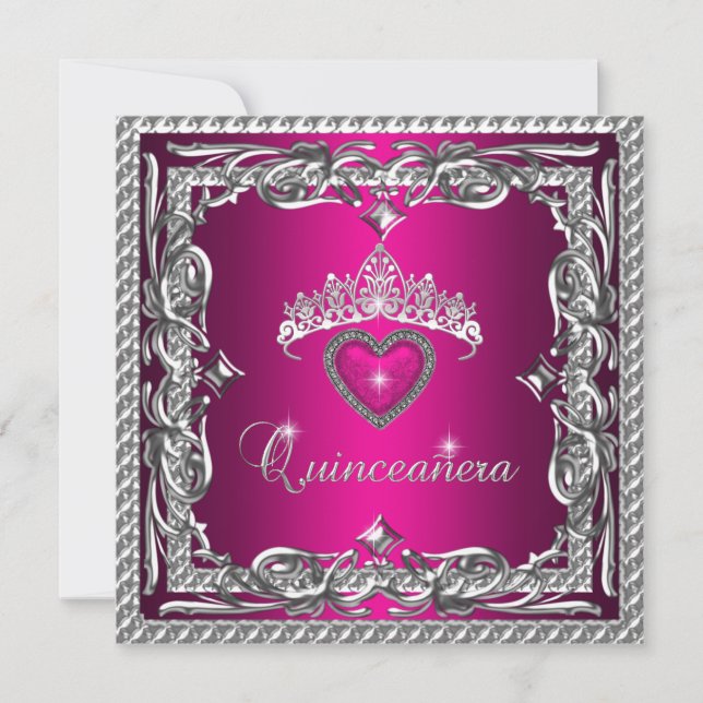 Glitter Pink Silver Tiara Quinceanera 15th Invitation (Front)