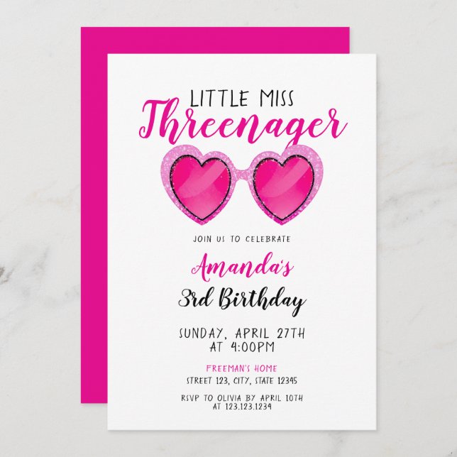 Glitter Pink Sunglasses Threenager 3rd Birthday Invitation (Front/Back)