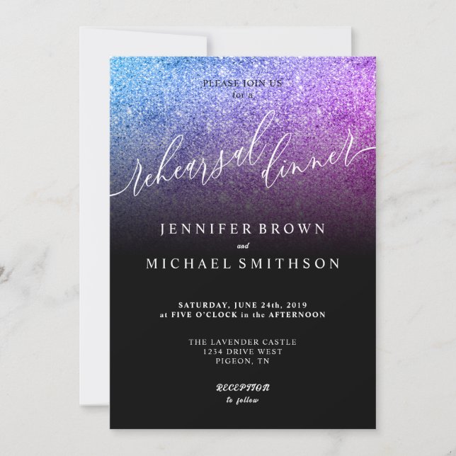 Glitter Pink Teal Watercolor Rehearsal Dinner Invitation (Front)