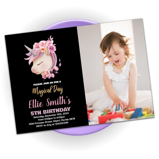 Glitter Pink Unicorn Birthday With Photo Invitation (Creator Uploaded)