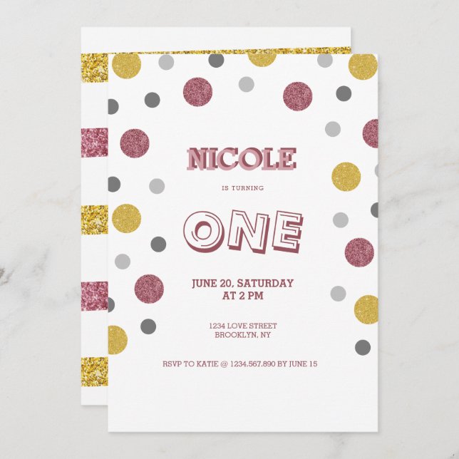 Glitter Polka Dots 1st Birthday Invitation (Front/Back)