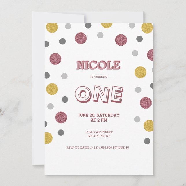 Glitter Polka Dots 1st Birthday Invitation (Front)
