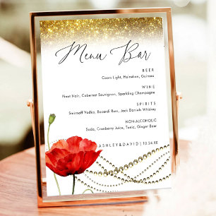 Glitter Poppy Elegant Wedding Menu bar Sign 