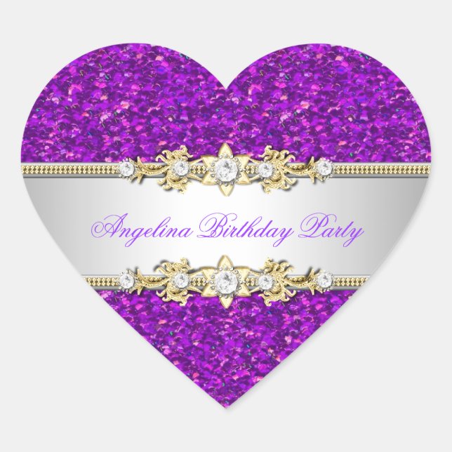 Glitter Purple Birthday Party Gold Jewel Diamond Heart Sticker (Front)