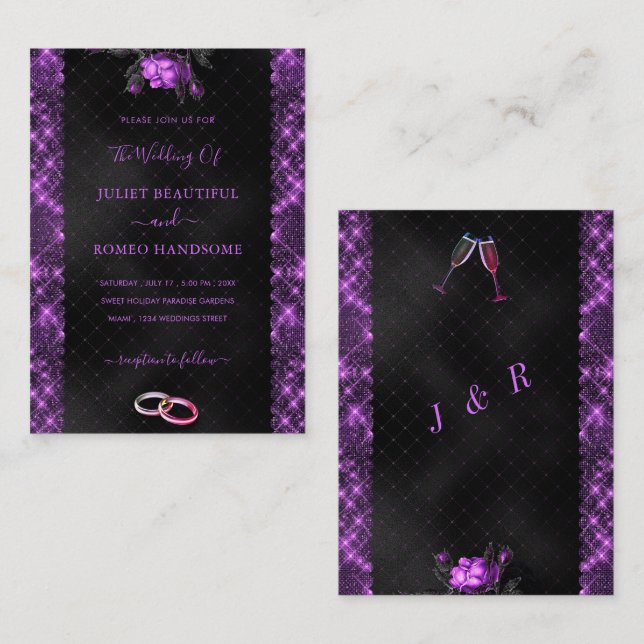 Glitter Purple Black Wedding Invitation Template (Front/Back)