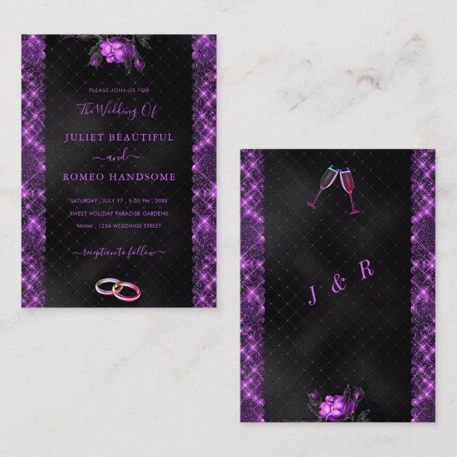 Glitter Purple Black Wedding Invitations Example (Front/Back)
