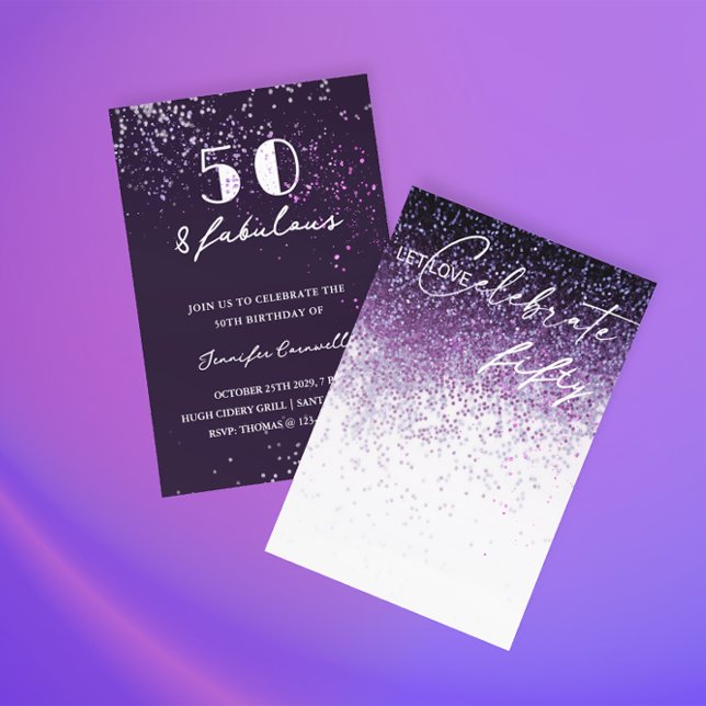 Glitter Purple Confetti ANY YEAR Birthday Invitation (Fabulous Female Birthday Party Invitation)