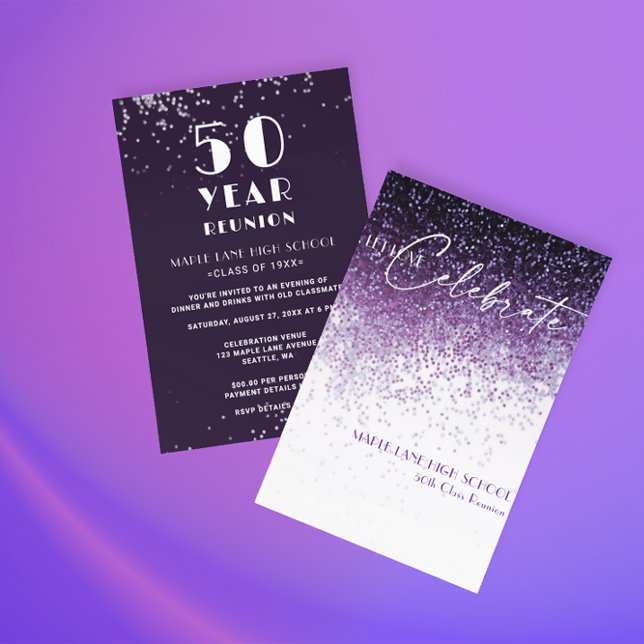 Glitter Purple Confetti ANY YEAR Class Reunion Invitation (Creator Uploaded)