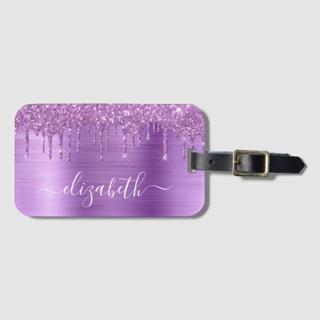 Glitter Purple Drips Monogrammed Luggage Tag (Front Horizontal)