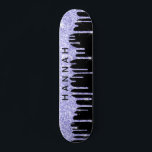 Glitter Purple Drips Personalised Black Skateboard<br><div class="desc">Personalised girly skateboard featuring purple faux glitter dripping against a black background. You can add your first name in bold letters across the glitter.</div>