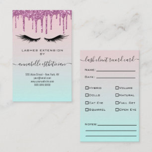 Glitter Purple Eyelash Extension Client Record Business Card
