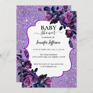 Glitter Purple Floral Baby Shower Invitation