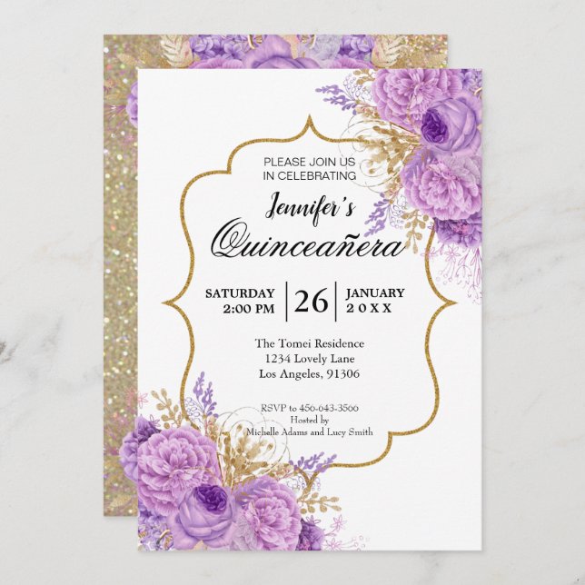 Glitter Purple Floral Quinceanera Invitation (Front/Back)