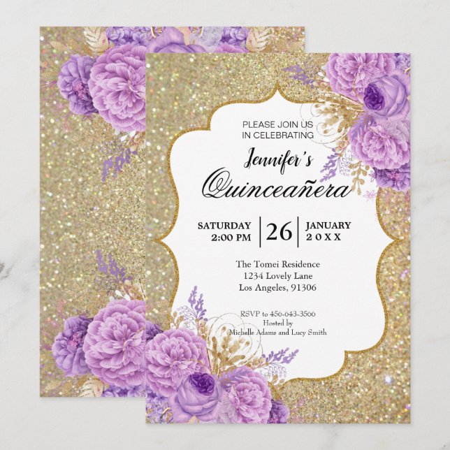 Glitter Purple Floral Quinceanera Invitation (Front/Back)
