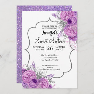Glitter Purple Floral Sweet 16 Birthday Invitation