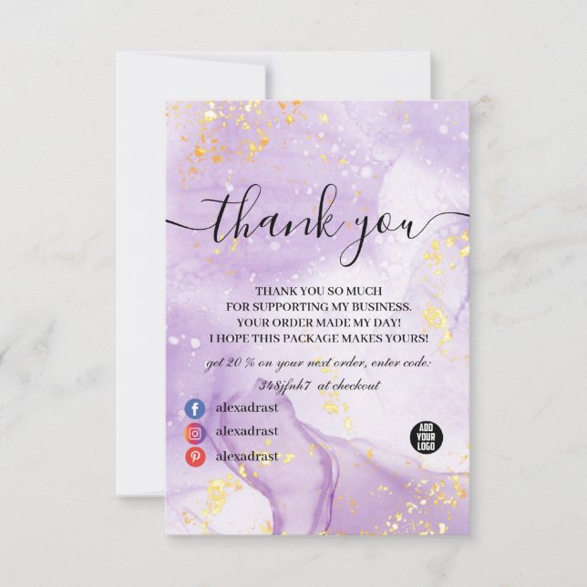 Glitter Purple Gold  Marble Thank You Card (Front)