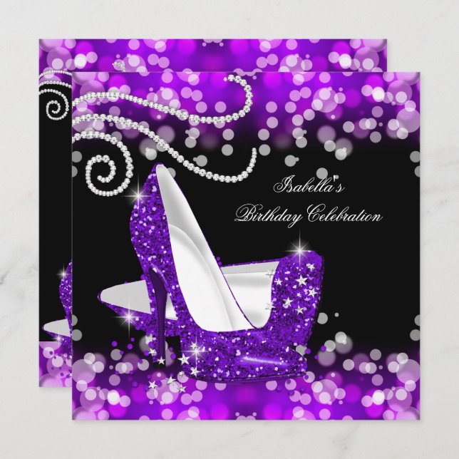 Glitter Purple High Heels Diamonds Birthday Invitation (Front/Back)