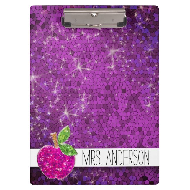 Glitter Purple Pink Teachers Apple Classroom Name Clipboard (Front)