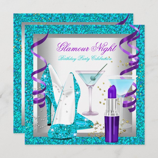 Glitter Purple Teal Glamour Night Martini Party Invitation (Front/Back)