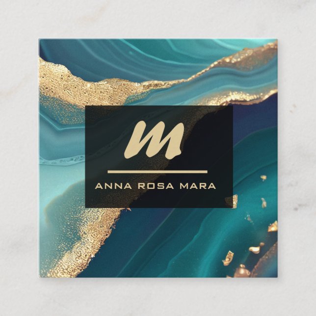 *~* Glitter QR  Luxe Initial Turquoise  AP66 Gold Square Business Card (Front)