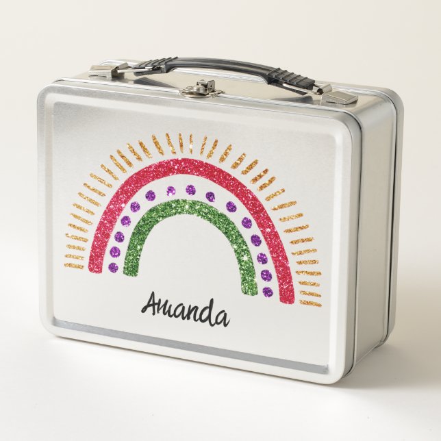 Glitter Rainbow Design Custom Name Personalised  Metal Lunch Box (Front)