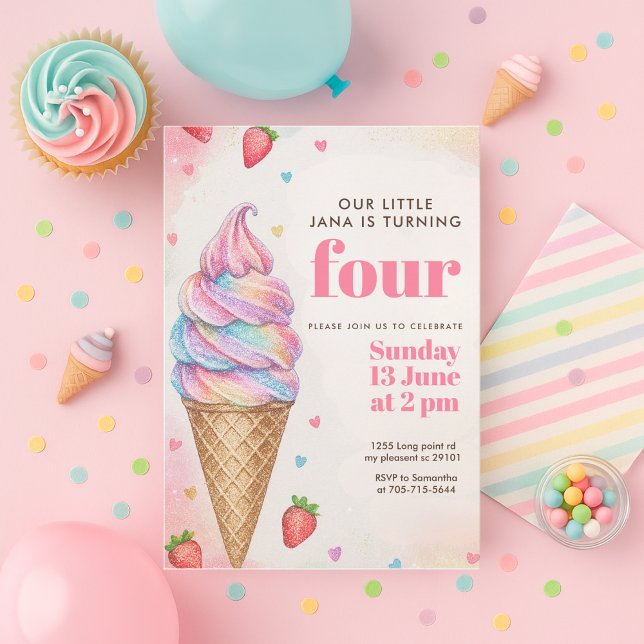 Glitter Rainbow Ice Cream Cone Birthday  Invitation (Creator Uploaded)