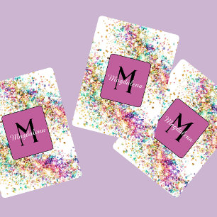 Glitter Rainbow Name Monogram Girly Pink Playing Cards