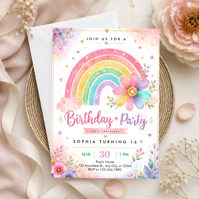 Glitter Rainbow Sweet 16 Birthday Invitation (Creator Uploaded)